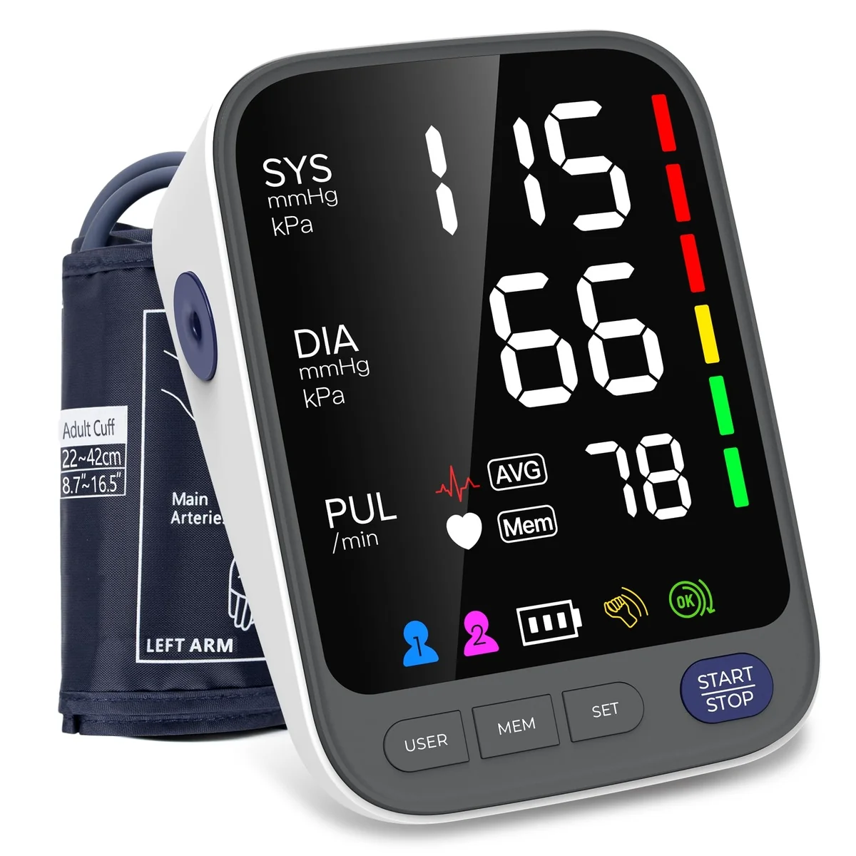 MEDICALBLOOD upper arm blood pressure monitor with large cuff on a home bedside table